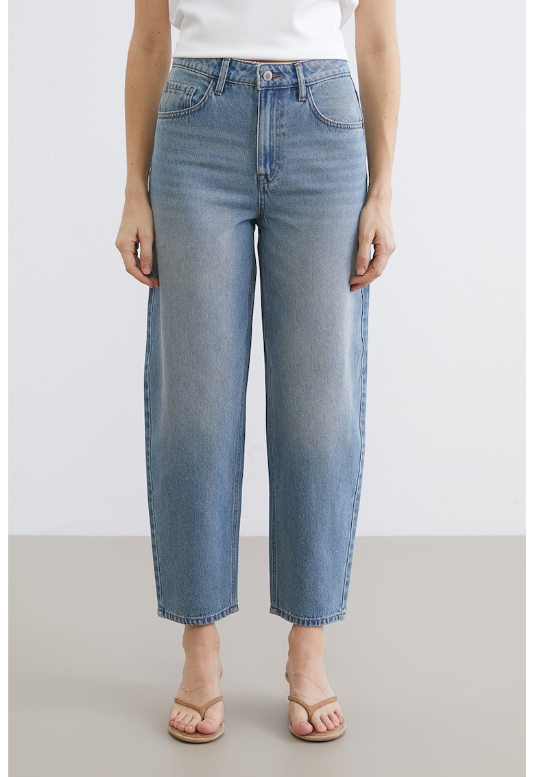 Blugi crop din amestec de bumbac si lyocell cu croiala barrel - Albastru indigo