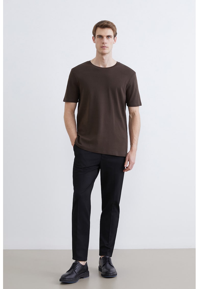 Tricou uni din bumbac cu decolteu rotund - Maro inchis