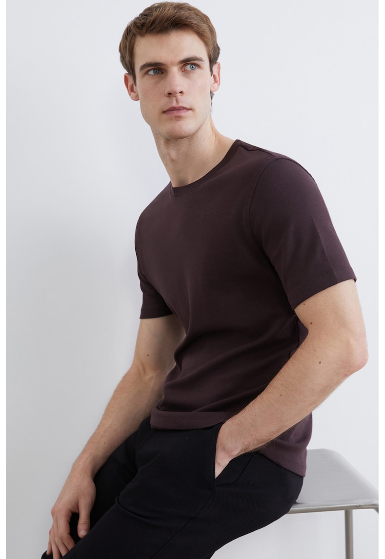 Tricou uni din bumbac cu decolteu rotund - Violet aubergine