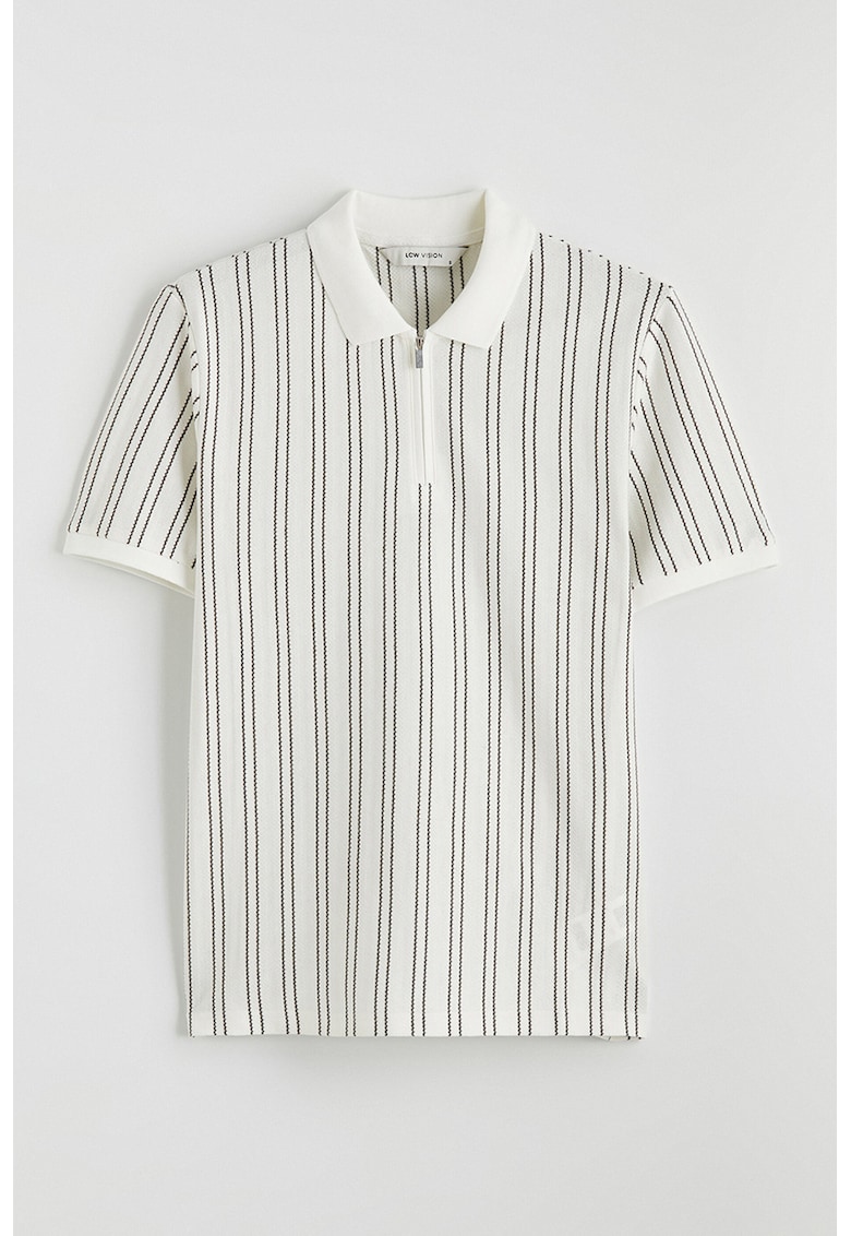 Tricou polo cu croiala slim-fit si dungi - Alb/Gri inchis