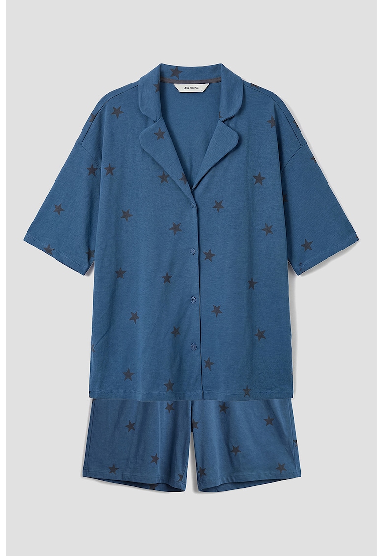 Pijama din bumbac cu pantaloni scurti si stele - Negru/Albastru gentian