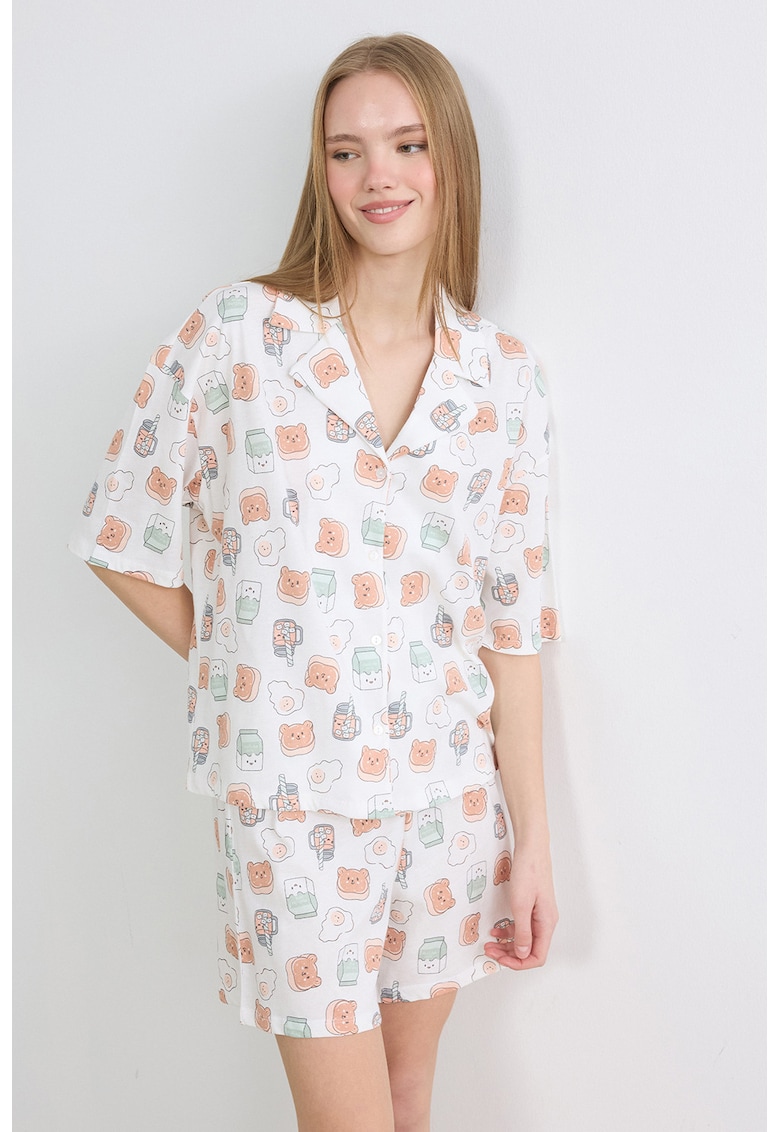 Pijama cu pantaloni scurti din bumbac si imprimeu grafic - Alb/Coral