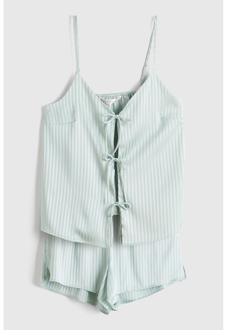 Pijama cu pantaloni scurti din satin si dungi - Verde menta
