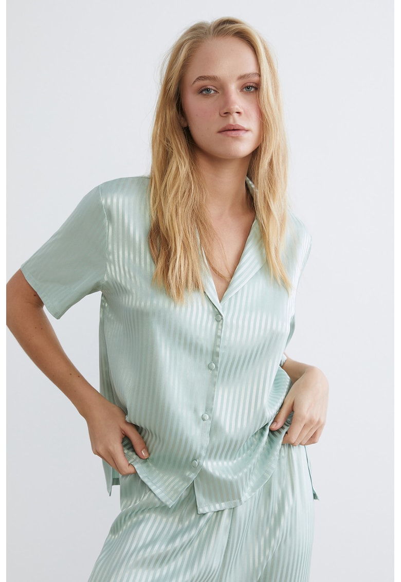 Pijama cu aspect de satin si dungi - Verde menta