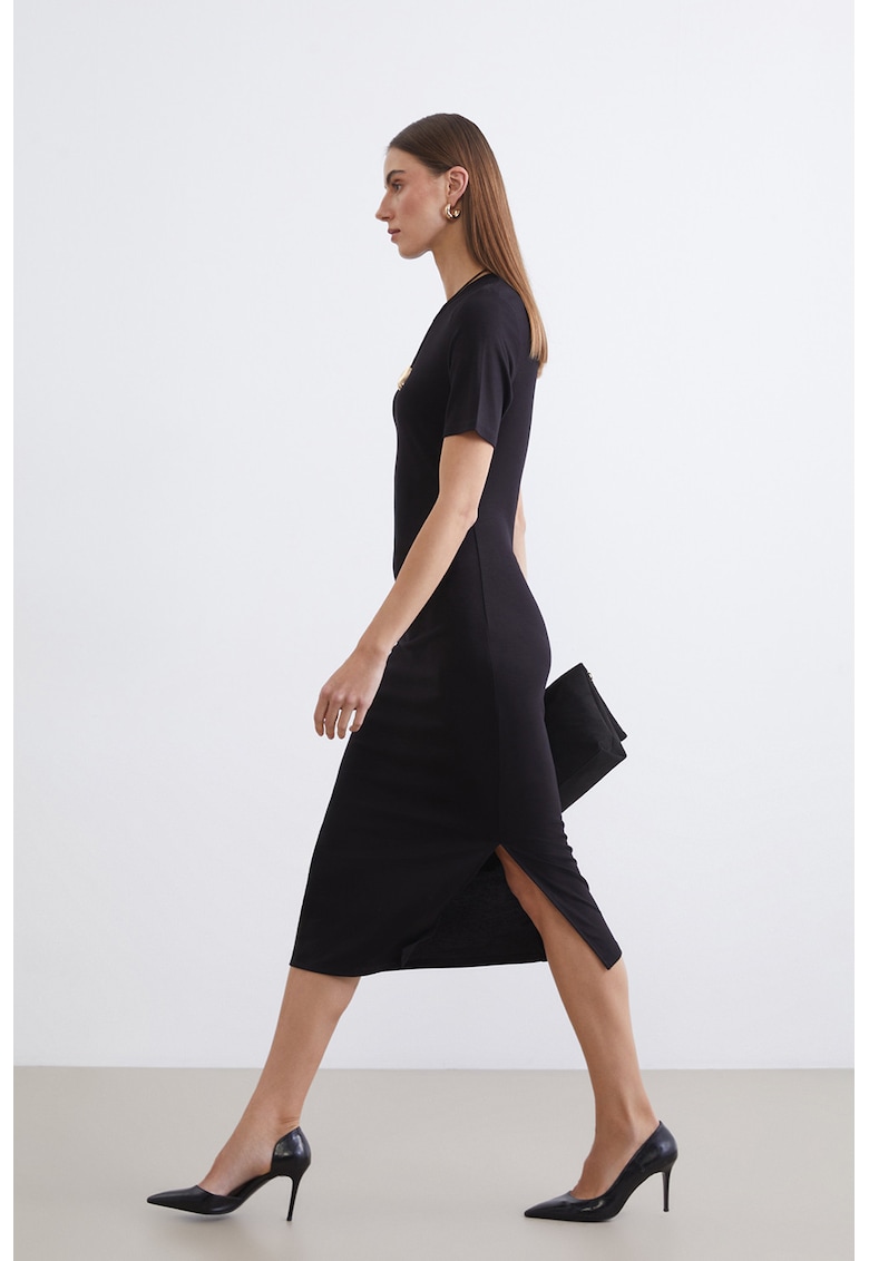 Rochie midi cu croiala cambrata si slit lateral - Negru