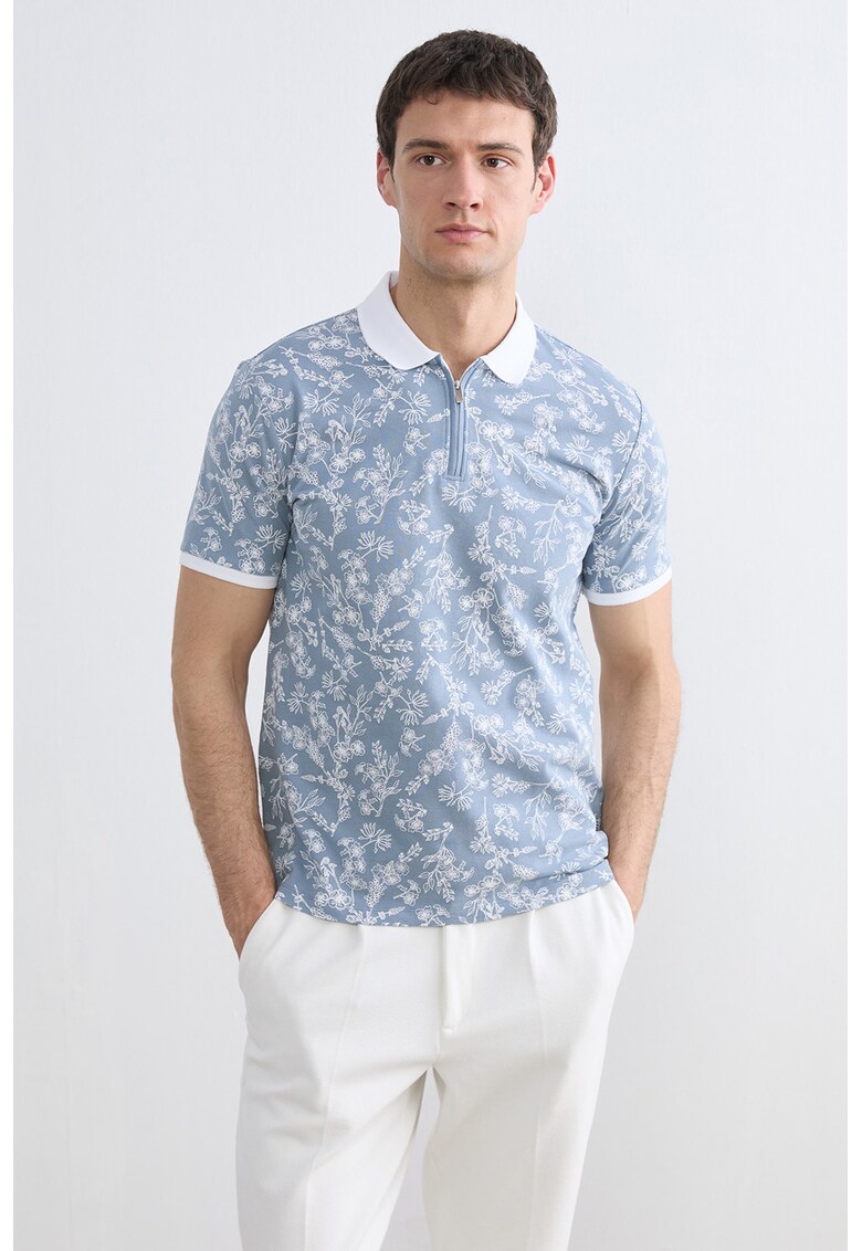 Tricou polo cu fermoar scurt si model floral - Alb/Albastru stins