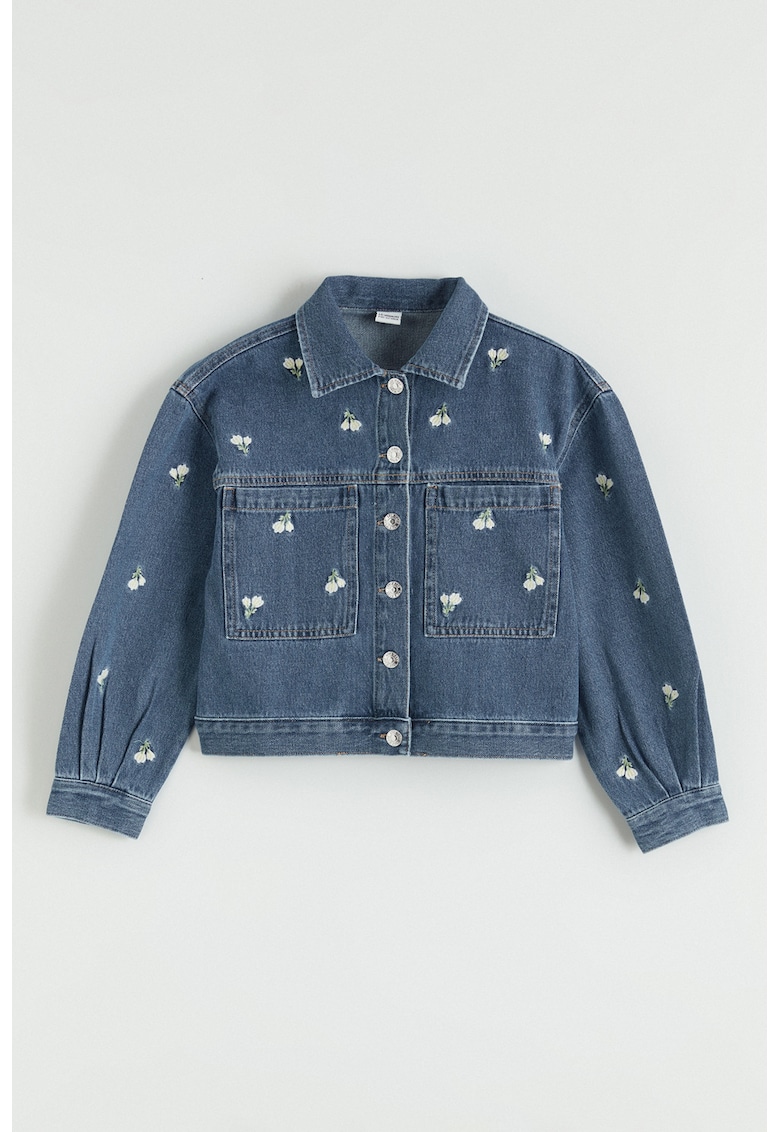 Jacheta din denim cu flori brodate - Albastru inchis melange