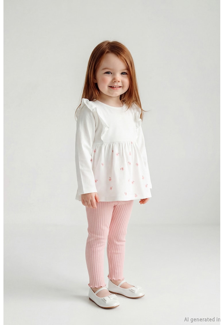 Set de bluza si colanti cu volane - Alb/Roz deschis