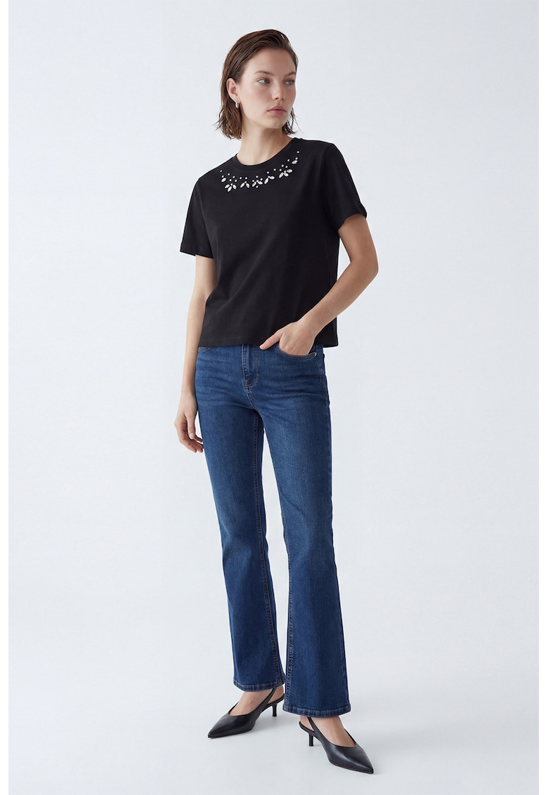 Tricou cu aplicatie din strasuri pe decolteu - Negru/Transparent