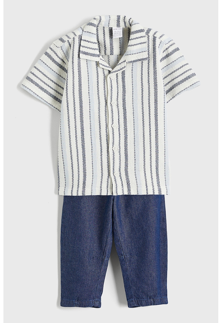 Set de camasa cu dungi si model uni - 2 piese - Albastru indigo/Alb murdar