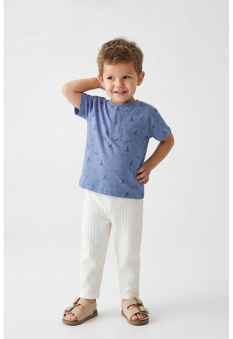 Set de tricou din bumbac si pantaloni - 2 piese - Alb fildes/Albastru stins