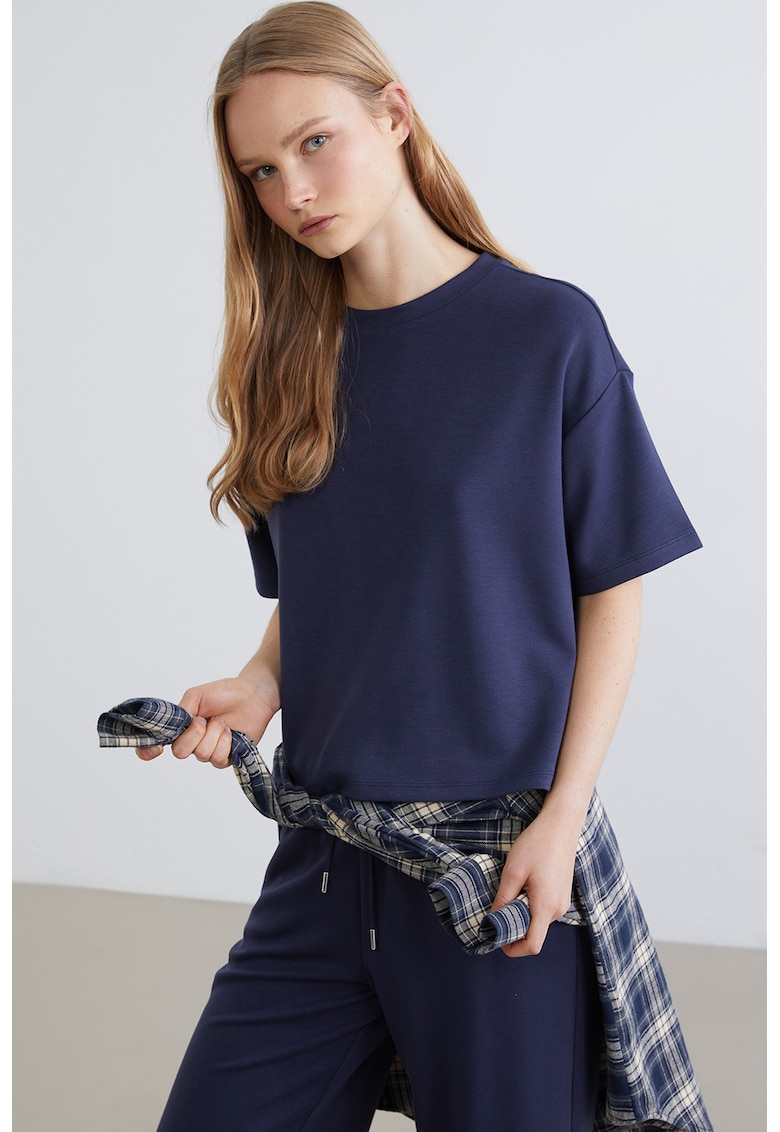Tricou supradimensionat cu decolteu la baza gatului - Albastru indigo