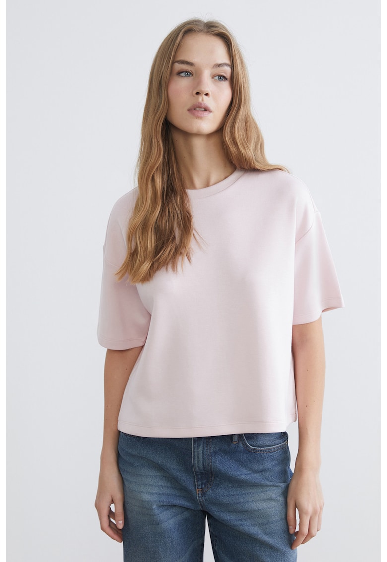 Tricou supradimensionat cu decolteu la baza gatului - Roz pal