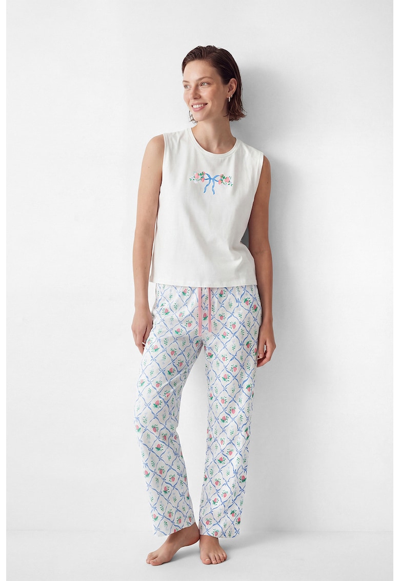 Pijama cu model capsuni si talie ajustabila - Alb/Albastru azur/Roz