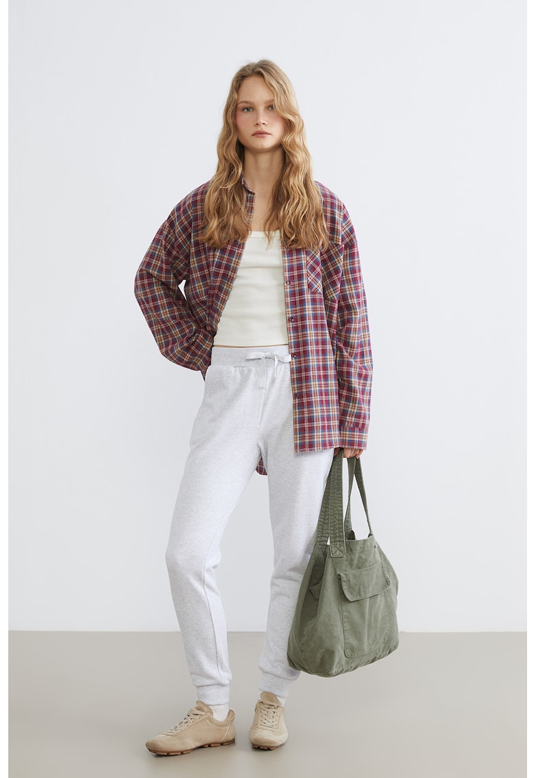 Pantaloni crop cu snur si buzunare laterale - Gri deschis melange