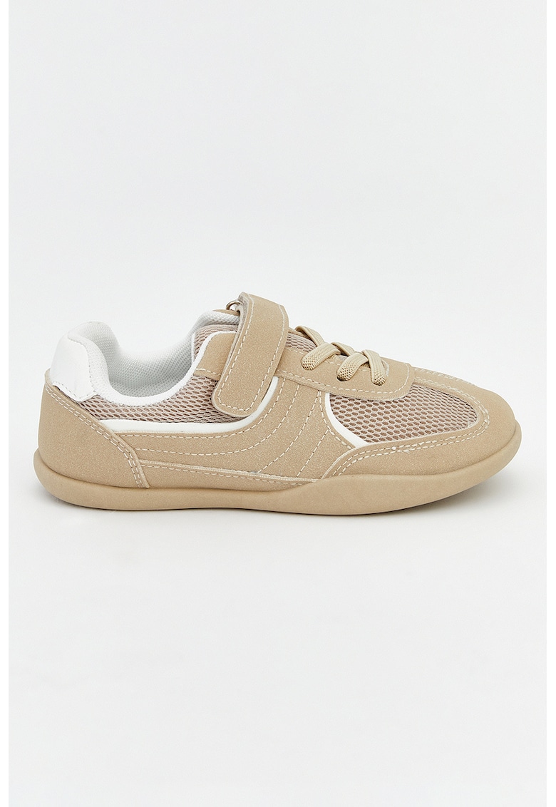 Pantofi sport de piele ecologica cu velcro - Alb/Bej inchis