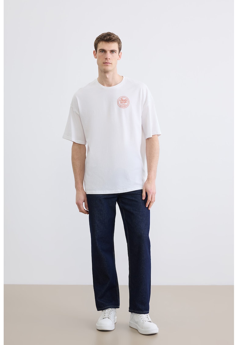 Tricou de bumbac cu decolteu la baza gatului - Alb/Portocaliu