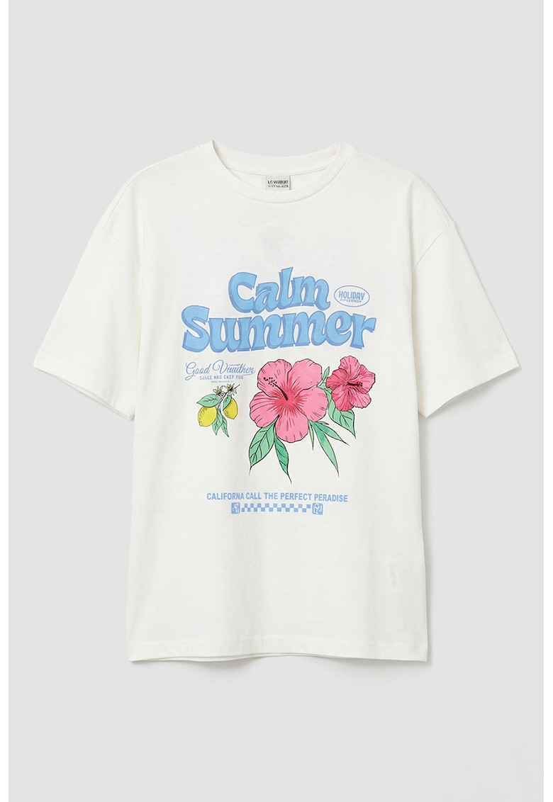 Tricou de bumbac cu model grafic si decolteu la baza gatului - Alb/Roz aprins/Albastru deschis