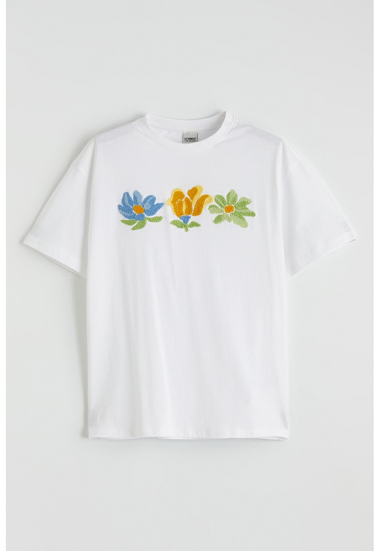 Tricou de bumbac cu aplicatie florala - Alb/Verde/Portocaliu