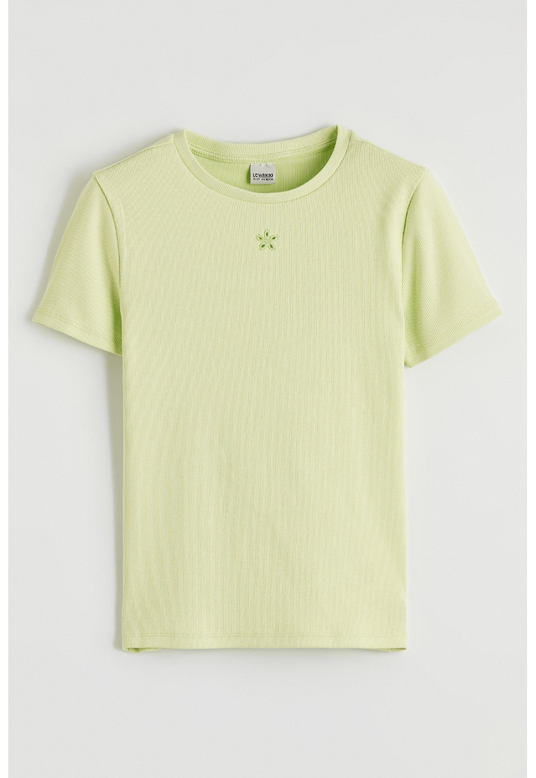 Tricou striat cu broderie discreta - Verde fistic