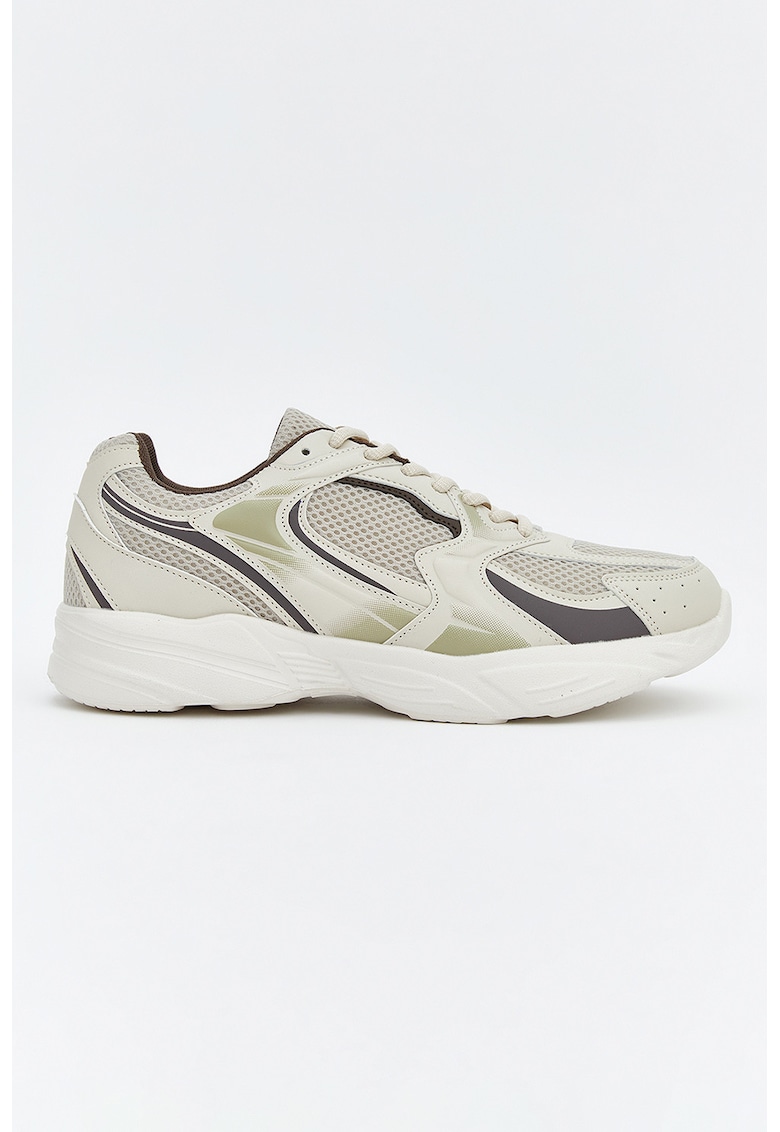 Pantofi sport de piele ecologica cu insertii din plasa - Negru/Verde sparanghel/Bej deschis