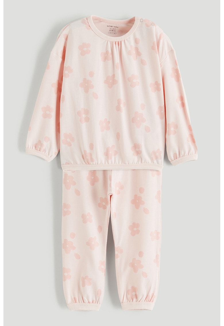 Pijama cu pantaloni lungi si model floral - Roz pastel/Roz pal