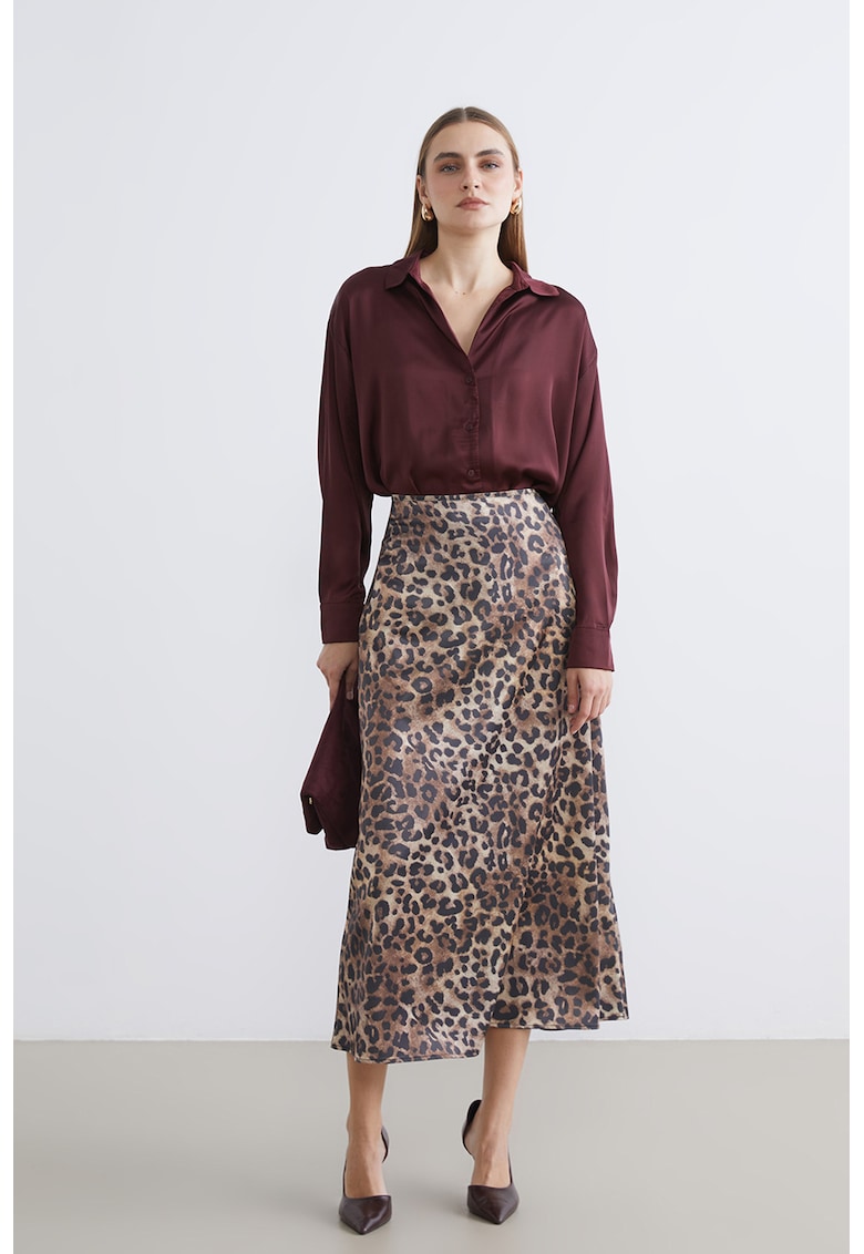 Fusta midi cu model animal print - Maro inchis/Negru/Maro camel