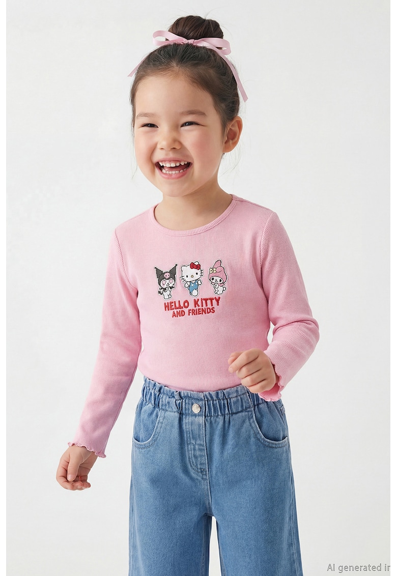 Bluza cu broderie cu Hello Kitty - Rosu/Negru/Roz deschis