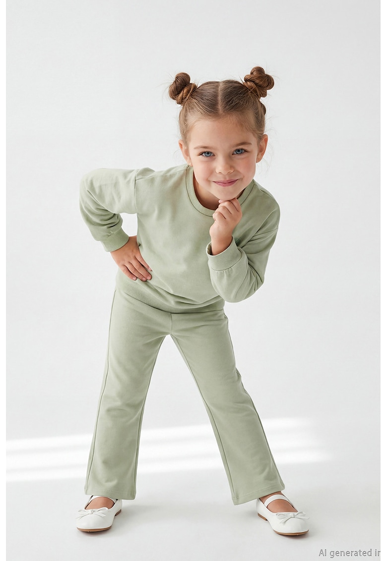 Set de bluza de trening lejera si pantaloni evazati - 2 piese - Verde pal/Verde sparanghel