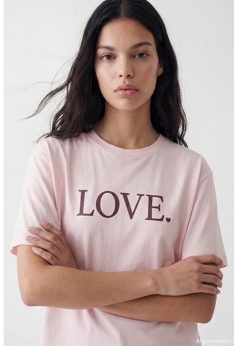 Tricou regular fit cu model text - Visiniu/Roz deschis