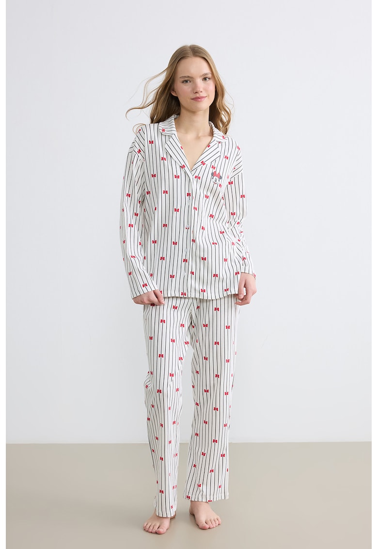 Pijama din bumbac cu model in dungi - Coral/Negru stins/Alb murdar