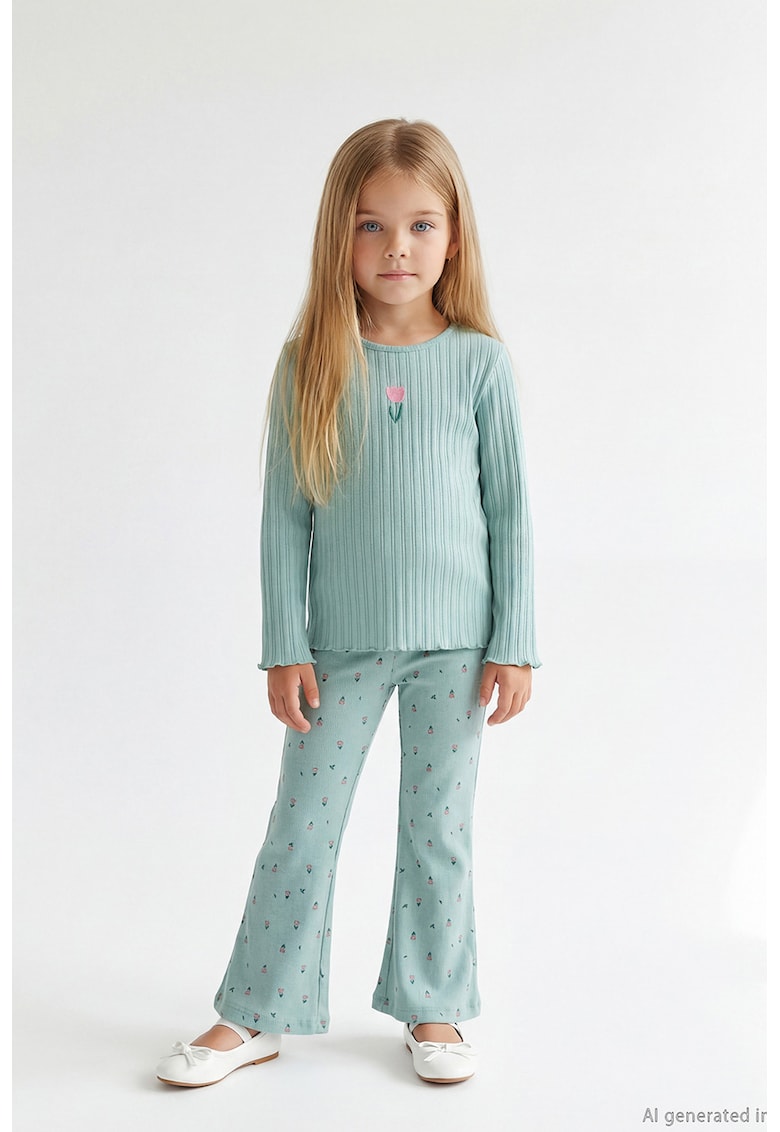 Set de bluza cu imprimeu floral si colanti - Roz pastel/Verde persan