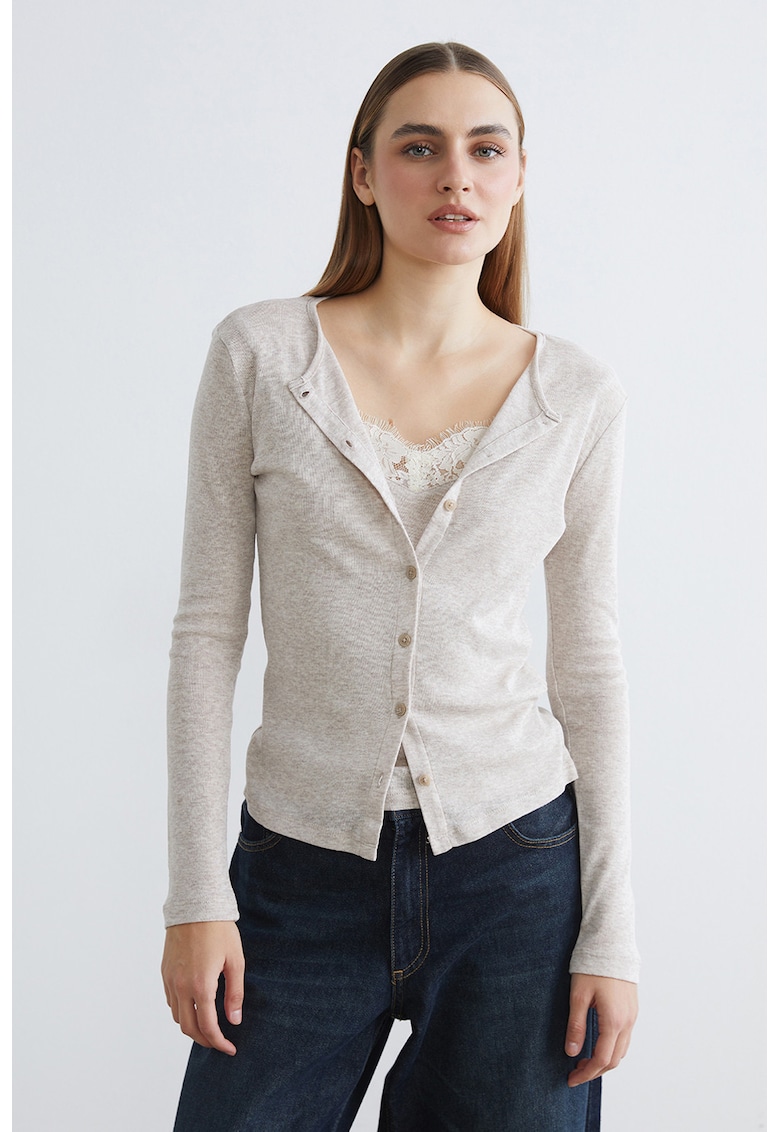 Cardigan tricotat fin cu nasturi - Alb fildes