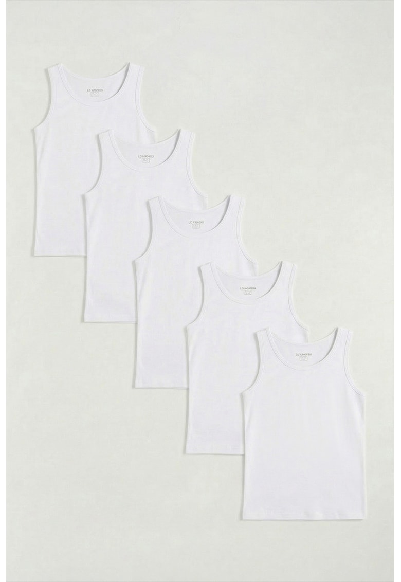Set de top-uri din bumbac cu decolteu rotund - 5 piese - Alb