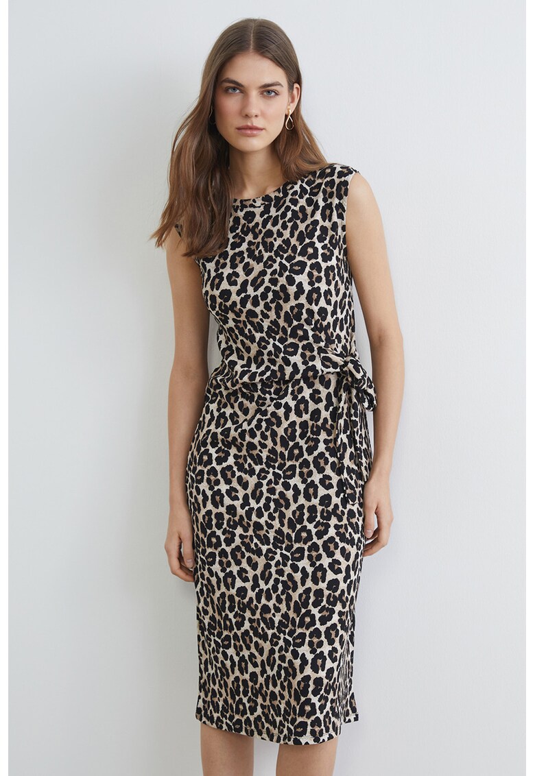 Rochie midi cu model animal print si detaliu cu nod - Negru/Maro deschis/Maro nisip