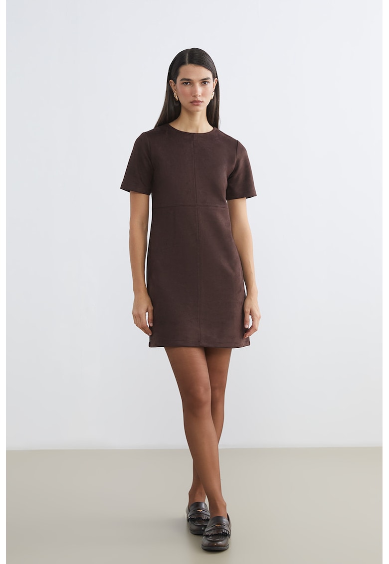 Rochie scurta din piele intoarsa ecologica cu fermoar pe partea din spate - Maro cognac