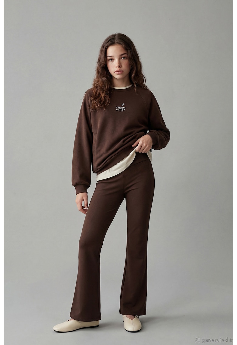 Set de bluza de trening cu imprimeu text si colanti - 2 piese - Maro inchis
