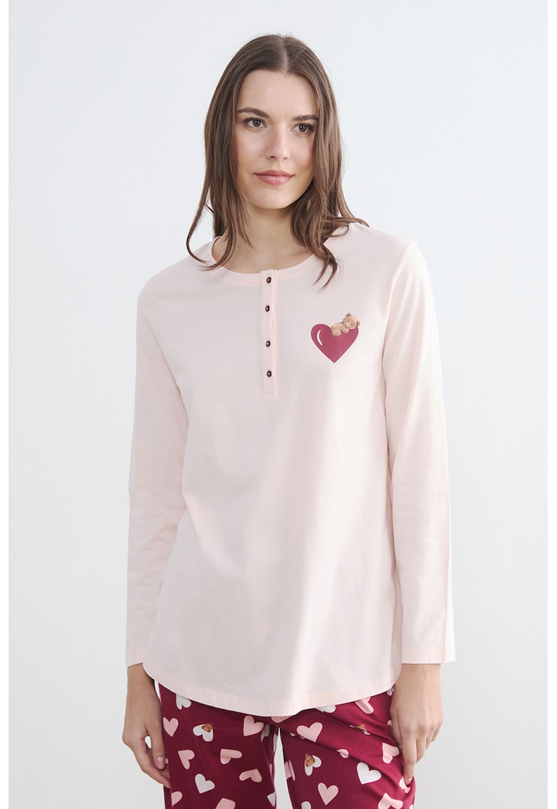 Pijama lunga din bumbac cu model cu inimi - Rosu inchis/Roz pal