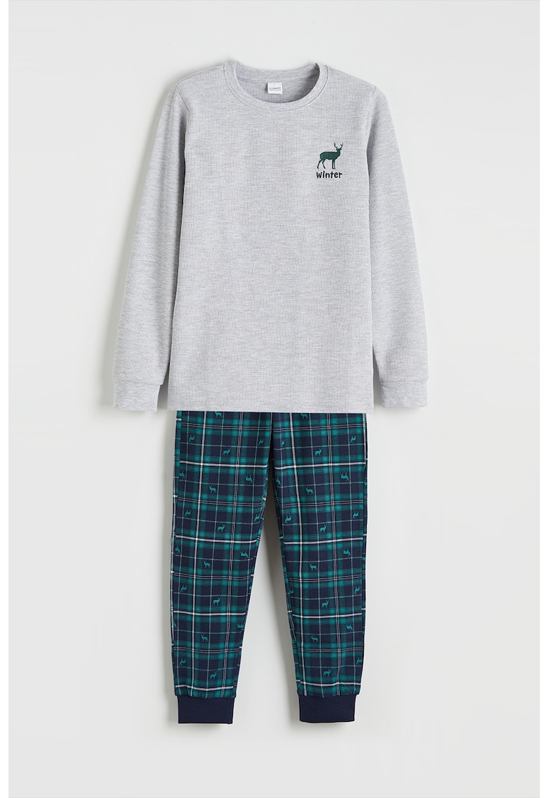 Pijama cu pantaloni lungi cu model in carouri - Gri deschis/Verde persan/Bleumarin