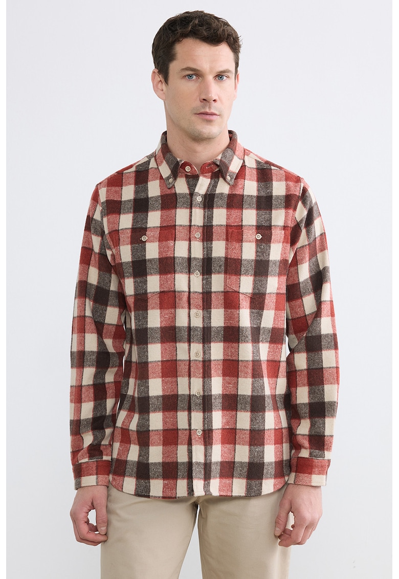 Jacheta-camasa in carouri cu buzunare pe piept - Bej/Caramiziu/Maro pamantiu