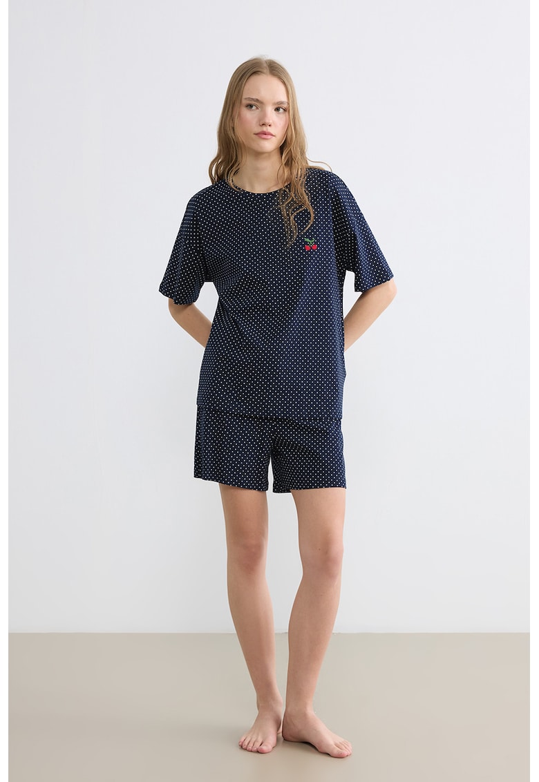 Pijama scurta cu buline si snur de ajustare - Alb/Albastru ultramarin/Rosu vermillion