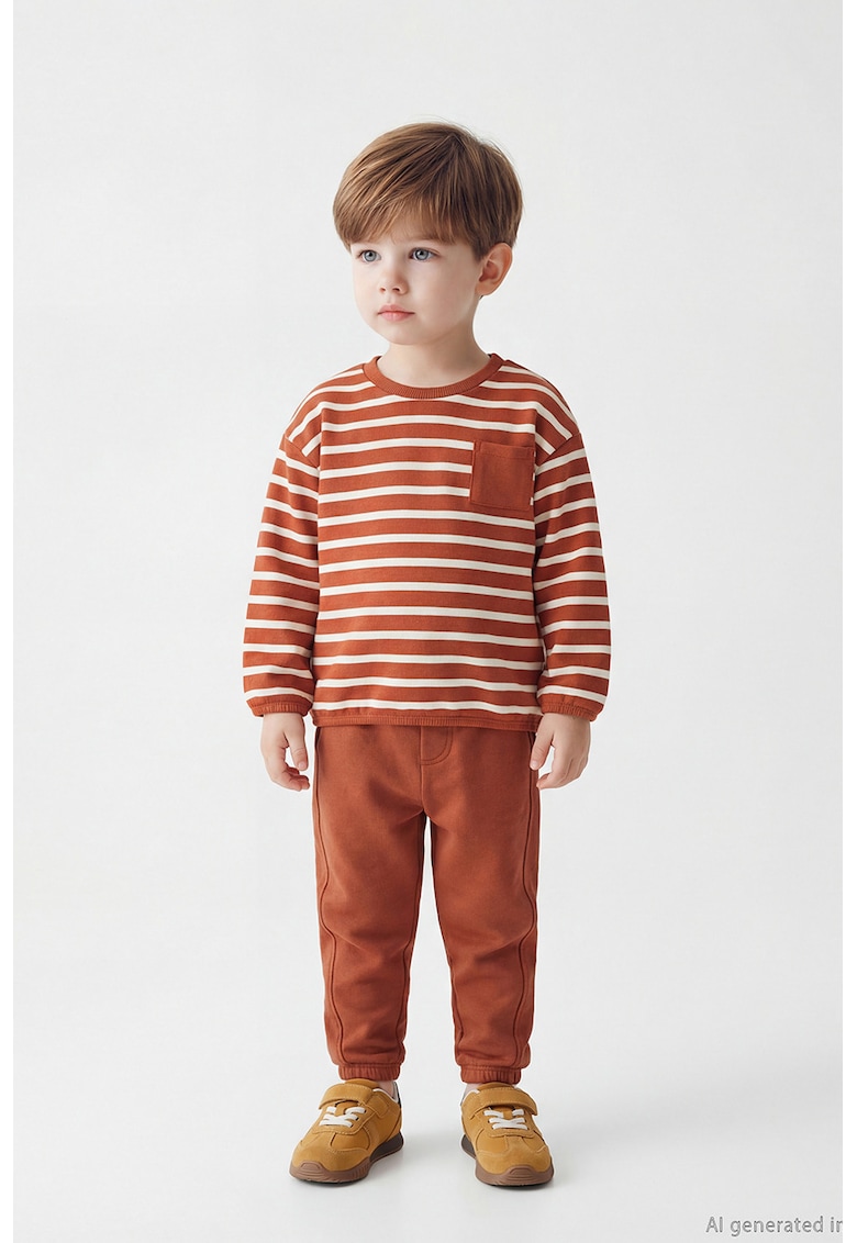 Set de bluza si pantaloni de trening cu model in dungi - Alb/Caramiziu