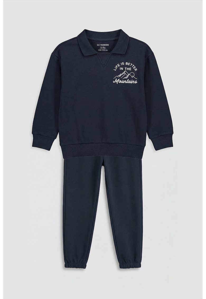 Trening din material fleece cu imprimeu si guler polo - Alb/Albastru ultramarin