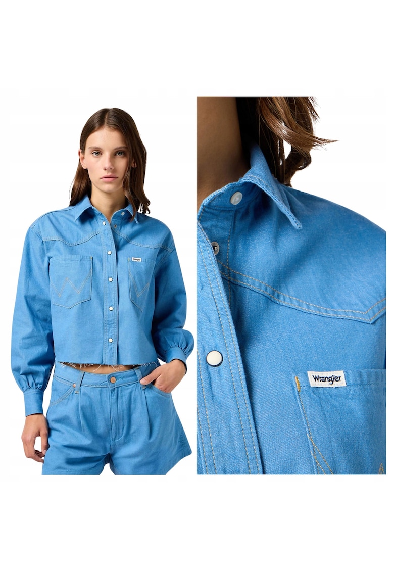 Camasa Dama - Cut Off Shirt - Regular Fit - Design Clasic - Lungime Scurta - Maneci Lungi - Cu Nasturi - Bumbac - Albastru - Albastru