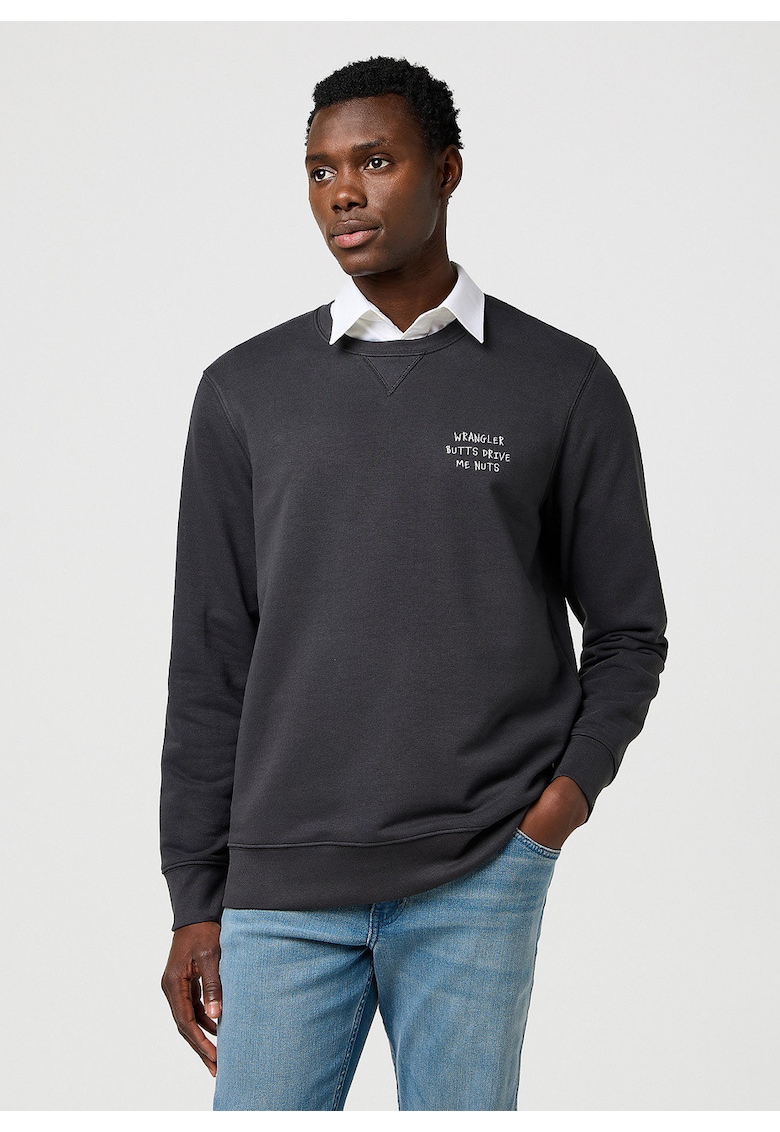 Hanorac Barbati - Embroidery Crew - Regular Fit - Design Clasic - Cu Logo - Maneci Lungi - Guler Inalt - Bumbac - Negru