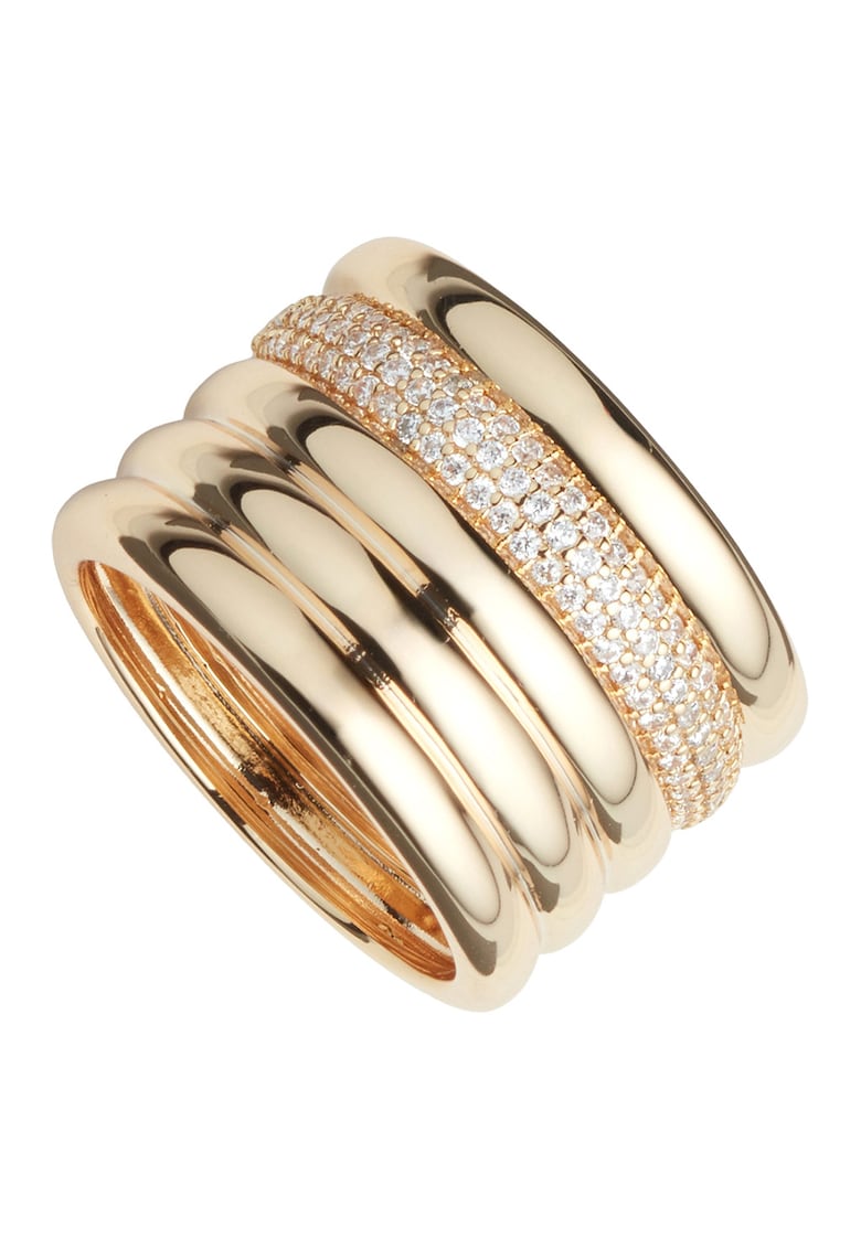 Inel striat decorat cu cristale - Auriu/Transparent