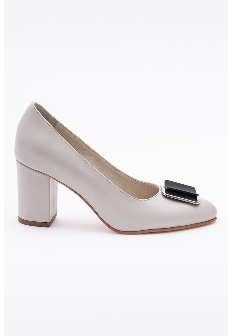 Pantofi de piele cu toc masiv - Gri deschis