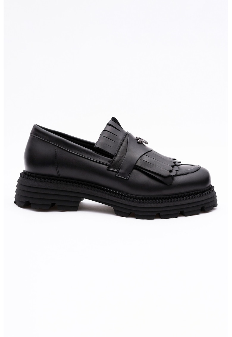 Pantofi loafer de piele cu toc masiv - Negru