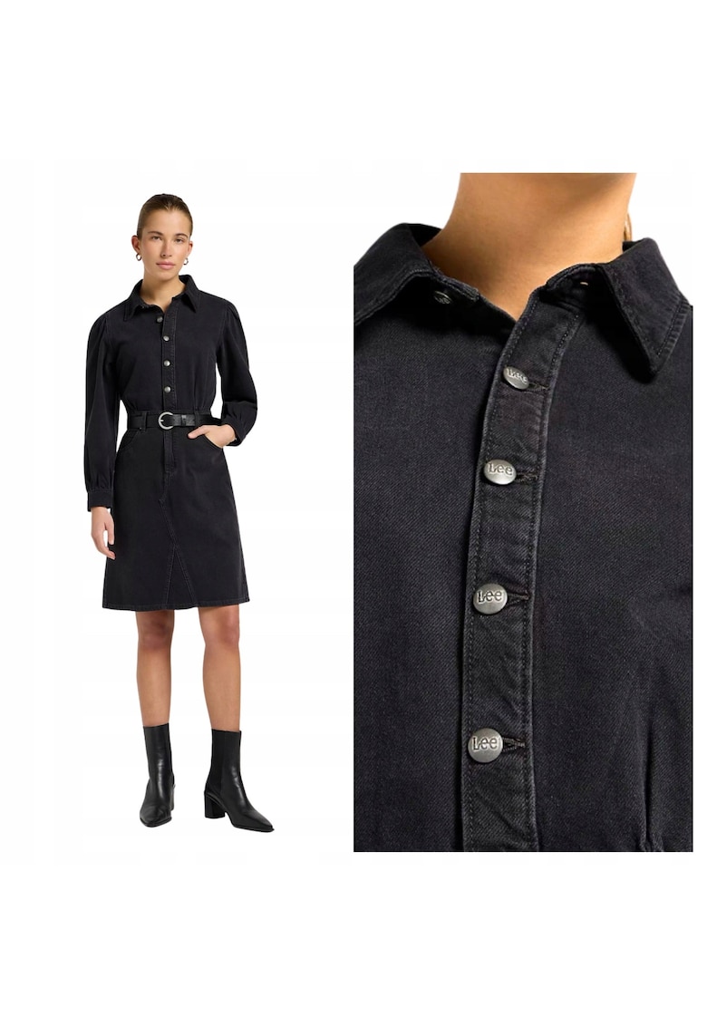 Rochie Dama - Long Sleeve Dress - Regular Fit - Denim Aspect - Cu Guler - Lungime Mini - Cu Nasturi - Bumbac - Negru - Negru