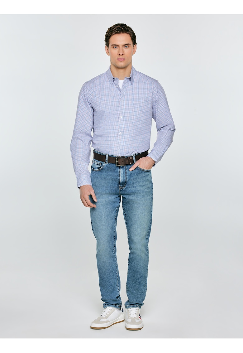 Camasa din bumbac cu model in carouri si guler clasic